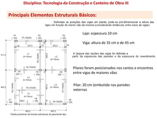 Laje: espessura 10 cm
Viga: altura de 35 cm e de 45 cm
Pilares foram posicionados nos cantos e encontros
entre vigas de maiores vãos
Pilar: 20 cm (embutido nas paredes
externas
Principais Elementos Estruturais Básicos:
Disciplina: Tecnologia da Construção e Canteiro de Obra III
 
