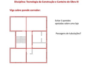 Viga sobre parede corredor:
Evitar 3 paredes
apoiadas sobre uma laje
Passagens de tubulações?
Disciplina: Tecnologia da Construção e Canteiro de Obra III
 