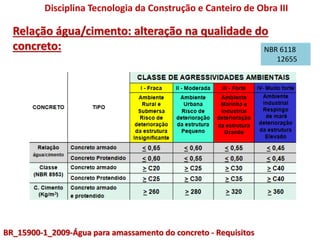 Relação água/cimento: alteração na qualidade do
concreto:
Disciplina Tecnologia da Construção e Canteiro de Obra III
NBR 6118
12655
BR_15900-1_2009-Água para amassamento do concreto - Requisitos
 