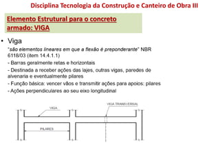 Disciplina Tecnologia da Construção e Canteiro de Obra III
Elemento Estrutural para o concreto
armado: VIGA
 