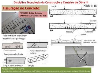 Fissuração no Concreto:
PESQUISAR REVISTA TÉCHNE:
http://techne.pini.com.br/engenharia-civil/160/trinca-ou-fissura-como-se-originam-quais-os-tipos-285488-1.aspx
Disciplina Tecnologia da Construção e Canteiro de Obra III
Fissurômetro, indicando
espessura da patologia
FISSURAS 0,05 a 0,4 mm
VALORES ACEITÁVEIS: 0,3 mm
Função da solicitação
cortante
torção
tração
Perda de aderência
Cargas concentradas
 