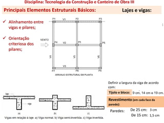 Disciplina: Tecnologia da Construção e Canteiro de Obra III
Principais Elementos Estruturais Básicos:
Tijolo e bloco:
Definir a largura da viga de acordo
com:
Revestimento (em cada face da
parede):
3 cmParedes: De 25 cm:
De 15 cm: 1,5 cm
:
Lajes e vigas:
 Alinhamento entre
vigas e pilares;
 Orientação
criteriosa dos
pilares;
 