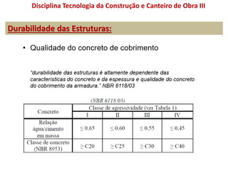 Durabilidade das Estruturas:
Disciplina Tecnologia da Construção e Canteiro de Obra III
 