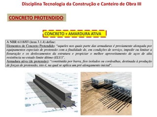 CONCRETO PROTENDIDO:
Disciplina Tecnologia da Construção e Canteiro de Obra III
CONCRETO + AMARDURA ATIVA
 