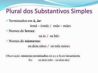 Terminados em ã, ãe:
irmã – irmãs / mãe – mães
Nomes de letras:
os ás / os bês
Nomes de números:
os dois oitos / os três noves
Observação: números terminados em s e z ficam invariáveis
Ex: os dois três – os dois dez
Plural dos Substantivos Simples
 
