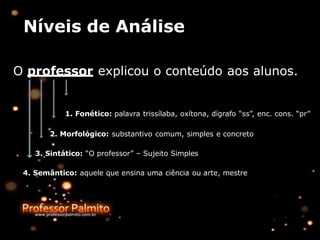 Níveis de Análise
O professor explicou o conteúdo aos alunos.
1. Fonético: palavra trissílaba, oxítona, dígrafo “ss”, enc. cons. “pr”
2. Morfológico: substantivo comum, simples e concreto
3. Sintático: “O professor” – Sujeito Simples
4. Semântico: aquele que ensina uma ciência ou arte, mestre
 