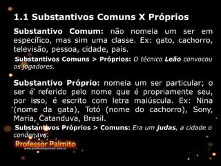 1.1 Substantivos Comuns X Próprios
Substantivo Comum: não nomeia um ser em
específico, mas sim uma classe. Ex: gato, cachorro,
televisão, pessoa, cidade, país.
Substantivos Comuns > Próprios: O técnico Leão convocou
os jogadores.
Substantivo Próprio: nomeia um ser particular; o
ser é referido pelo nome que é propriamente seu,
por isso, é escrito com letra maiúscula. Ex: Nina
(nome da gata), Totó (nome do cachorro), Sony,
Maria, Catanduva, Brasil.
Substantivos Próprios > Comuns: Era um judas, a cidade o
condenava.
 