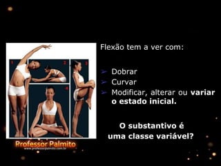 Flexão tem a ver com:
➢ Dobrar
➢ Curvar
➢ Modificar, alterar ou variar
o estado inicial.
O substantivo é
uma classe variável?
 