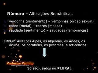 Número – Alterações Semânticas
□ vergonha (sentimento) – vergonhas (órgão sexual)
□ cobre (metal) – cobres (moeda)
□ saudade (sentimento) – saudades (lembranças)
IMPORTANTE:os Alpes, as algemas, os Andes, os
óculos, os parabéns, os pêsames, a reticências.
Só são usados no PLURAL
 