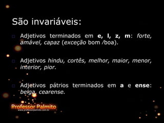 São invariáveis:
□ Adjetivos terminados em e, l, z, m: forte,
amável, capaz (exceção bom ∕boa).
□ Adjetivos hindu, cortês, melhor, maior, menor,
interior, pior.
□ Adjetivos pátrios terminados em a e ense:
belga, cearense.
 