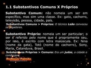 1.1 Substantivos Comuns X Próprios
Substantivo Comum: não nomeia um ser em
específico, mas sim uma classe. Ex: gato, cachorro,
televisão, pessoa, cidade, país.
Substantivos Comuns > Próprios: O técnico Leão convocou
os jogadores.
Substantivo Próprio: nomeia um ser particular; o
ser é referido pelo nome que é propriamente seu,
por isso, é escrito com letra maiúscula. Ex: Nina
(nome da gata), Totó (nome do cachorro), Sony,
Maria, Catanduva, Brasil.
Substantivos Próprios > Comuns: Era um judas, a cidade o
condenava.
 