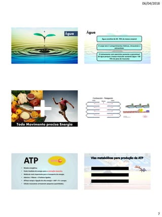 06/04/2018
7
Água Água
Água constitui de 40- 70% da massa corporal
O corpo tem 2 compartimentos hídricos, intracelular e
extracelular.
O treinamento com exercícios aumenta o porcentual
de água porque a massa muscular aumenta (água = 60-
75% do peso do musculo)
Todo Movimento precisa Energia
• Moeda energética;
• Fonte imediata de energia para a contração muscular;
• Molécula mais importante para o transporte de energia;
• Adenina + Ribose + 3 fosfatos ligados;
• ATPase rompe a ligação de alta energia = ADP + Pi + energia;
• Células musculares armazenam pequenas quantidades;
Sistema anaeróbio alático (fosfagênio)
Sistema anaeróbio lático (glicolítico)
Sistema aeróbio (oxidativo)
 