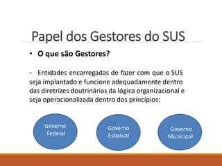 Papel dos Gestores do SUS
• O que são Gestores?
- Entidades encarregadas de fazer com que o SUS
seja implantado e funcione adequadamente dentro
das diretrizes doutrinárias da lógica organizacional e
seja operacionalizada dentro dos princípios:
Governo
Federal
Governo
Estadual
Governo
Municipal
 