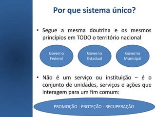 Por que sistema único?
• Segue a mesma doutrina e os mesmos
princípios em TODO o território nacional
• Não é um serviço ou instituição – é o
conjunto de unidades, serviços e ações que
interagem para um fim comum:
Governo
Federal
Governo
Estadual
Governo
Municipal
PROMOÇÃO - PROTEÇÃO - RECUPERAÇÃO
 