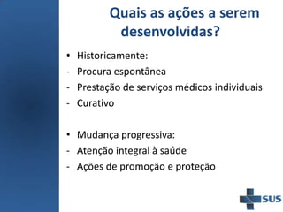 Quais as ações a serem
desenvolvidas?
• Historicamente:
- Procura espontânea
- Prestação de serviços médicos individuais
- Curativo
• Mudança progressiva:
- Atenção integral à saúde
- Ações de promoção e proteção
 