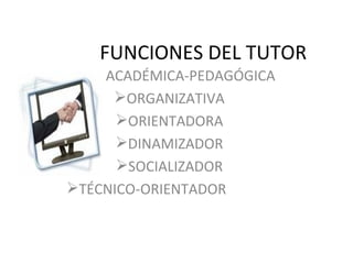 FUNCIONES DEL TUTOR
    ACADÉMICA-PEDAGÓGICA
     ORGANIZATIVA
      ORIENTADORA
      DINAMIZADOR
      SOCIALIZADOR
TÉCNICO-ORIENTADOR
 