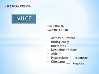 LICENCIA PREVIA




                  PROHIBIDA
                  IMPORTACIÓN

                  • Armas químicas
                  • Biológicas y
                    nucleares
                  • Desechos tóxicos
                  • Aldrin
                  • Heptacloro     Insecticidas
                  • Clordano     Plaguicida
 