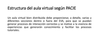 Estructura del aula virtual según PACIE
Un aula virtual bien distribuida debe proporcionar, a detalle, varias y
diferentes secciones dentro o fuera del EVA, para que se puedan
generar procesos de interacción correctos y se motive a la vivencia de
experiencias que generarán conocimiento y facilitar los procesos
tutoriales.
 