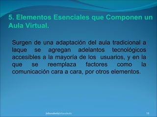 julianalsolaJulianalsola Julianalsola 5. Elementos Esenciales que Componen un Aula Virtual. Surgen de una adaptación del aula tradicional a laque se agregan adelantos tecnológicos accesibles a la mayoría de los  usuarios, y en la que se reemplaza factores como la comunicación cara a cara, por otros elementos. 