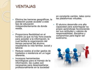 VENTAJAS
 Elimina las barreras geográficas, la
población puede acceder a este
tipo de educación
independientemente de donde
resida.
.
 Proporciona flexibilidad en el
horario ya que no hay hora exacta
para acceder a la información, lo
cual facilita la organización del
tiempo personal del alumno,
respetando la vida familiar, social y
laboral.
 Reduce costos al evitar gastos de
traslados o residencia en un lugar
diferente.
 Incorpora herramientas
tecnológicas para el manejo de la
información, las cuales son
necesarias para desempeñarse
profesionalmente en la sociedad
en constante cambio, tales como
las plataformas virtuales.
 El alumno desarrolla una alta
capacidad para autorregular su
propio aprendizaje favoreciendo
así sus actitudes y valores de
responsabilidad, disciplina y
compromiso para lograr ser
autónomo.
 