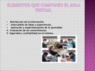Distribución de la Información. Intercambio de ideas y experiencias. Aplicación y experimentación de lo aprendido. 4.  Evaluación de los conocimientos. 5. Seguridad y confiabilidad en el sistema. 