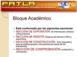 Bloque Académico

 Está conformado por las siguientes secciones:
 SECCIÓN DE EXPOSICIÓN: de Información, enlaces
    y Documentos
   SECCIÓN DE REBOTE: Especie de barrera o filtro y
    autocrítica.
   SECCIÓN DE CONSTRUCCIÓN: Foro interactivo
    para el análisis grupal y discusiones por parte de los
    estudiantes.
   SECCIÓN DE COMPROBACIÓN: evaluación y
    verificación.
 