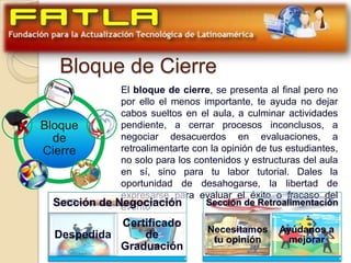 Bloque de Cierre
         .          El bloque de cierre, se presenta al final pero no
                    por ello el menos importante, te ayuda no dejar
                    cabos sueltos en el aula, a culminar actividades
.     Bloque        pendiente, a cerrar procesos inconclusos, a
        de          negociar desacuerdos en evaluaciones, a
      Cierre        retroalimentarte con la opinión de tus estudiantes,
                    no solo para los contenidos y estructuras del aula
    .        .      en sí, sino para tu labor tutorial. Dales la
                    oportunidad de desahogarse, la libertad de
                    expresarse para evaluar el éxito o fracaso del
        Sección de Negociación
                    evento              Sección de Retroalimentación

                  Certificado
                                          Necesitamos     Ayúdanos a
        Despedida     de                   tu opinión       mejorar
                  Graduación
 
