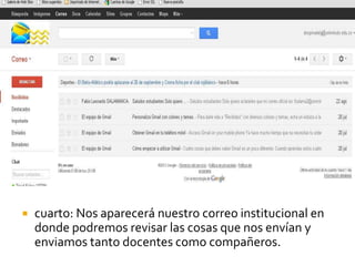    cuarto: Nos aparecerá nuestro correo institucional en
    donde podremos revisar las cosas que nos envían y
    enviamos tanto docentes como compañeros.
 