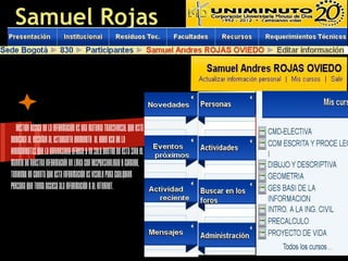 Samuel Rojas



  Gestión Básica de la Información es una materia transversal que está
dedicada al enseñar al estudiante UNIMINUTO al buen uso de la
herramientas que la universidad ofrece y no solo dentro de esta sino el
manejo de nuestra información en línea con responsabilidad y cuidado,
teniendo en cuenta que esta información es visible para cualquier
persona que tenga acceso ala información o al internet.
 
