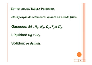 ESTRUTURA DA TABELA PERIÓDICA
Classificação dos elementos quanto ao estado físico:
Gasosos: 8A , H2 , N2 , O2 , F2 e Cl2.
Líquidos: Hg e Br2.
Sólidos: os demais.
 