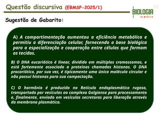 Questão discursiva (EBMSP-2025/1)
A) A compartimentação aumentou a eficiência metabólica e
permitiu a diferenciação celular, fornecendo a base biológica
para a especialização e cooperação entre células que formam
os tecidos.
Sugestão de Gabarito:
B) O DNA eucariótico é linear, dividido em múltiplos cromossomos, e
está fortemente associado a proteínas chamadas histonas. O DNA
procariótico, por sua vez, é tipicamente uma única molécula circular e
não possui histonas para sua compactação.
C) O hormônio é produzido no Retículo endoplasmático rugoso,
transportado por vesículas ao complexo Golgiense para processamento
e, finalmente, enviado em vesículas secretoras para liberação através
da membrana plasmática.
 