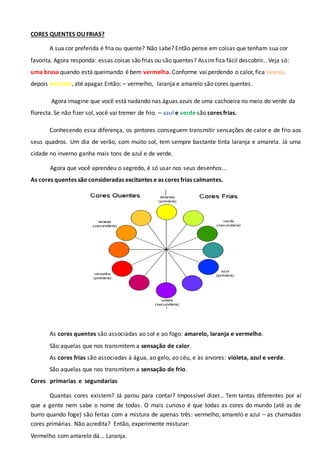 CORES QUENTES OU FRIAS?
A sua cor preferida é fria ou quente? Não sabe? Então pense em coisas que tenham sua cor
favorita. Agora responda: essas coisas são frias ou são quentes? Assimfica fácil descobrir... Veja só:
uma brasa quando está queimando é bem vermelha. Conforme vai perdendo o calor, fica laranja,
depois amarela, até apagar. Então: – vermelho, laranja e amarelo são cores quentes.
Agora imagine que você está nadando nas águas azuis de uma cachoeira no meio do verde da
floresta. Se não fizer sol, você vai tremer de frio. – azul e verde são cores frias.
Conhecendo essa diferença, os pintores conseguem transmitir sensações de calor e de frio aos
seus quadros. Um dia de verão, com muito sol, tem sempre bastante tinta laranja e amarela. Já uma
cidade no inverno ganha mais tons de azul e de verde.
Agora que você aprendeu o segredo, é só usar nos seus desenhos...
As cores quentes são consideradas excitantes e as cores frias calmantes.
As cores quentes são associadas ao sol e ao fogo: amarelo, laranja e vermelho.
São aquelas que nos transmitem a sensação de calor.
As cores frias são associadas à água, ao gelo, ao céu, e às arvores: violeta, azul e verde.
São aquelas que nos transmitem a sensação de frio.
Cores primarias e segundarias
Quantas cores existem? Já parou para contar? Impossível dizer... Tem tantas diferentes por aí
que a gente nem sabe o nome de todas. O mais curioso é que todas as cores do mundo (até as de
burro quando foge) são feitas com a mistura de apenas três: vermelho, amarelo e azul – as chamadas
cores primárias. Não acredita? Então, experimente misturar:
Vermelho com amarelo dá... Laranja.
 