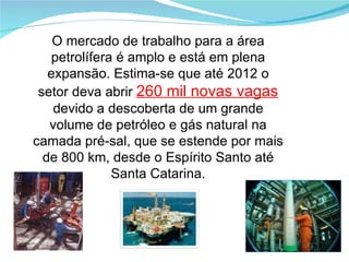 O mercado de trabalho para a área petrolífera é amplo e está em plena expansão. Estima-se que até 2012 o setor deva abrir  260 mil novas vagas   devido a descoberta de um grande volume de petróleo e gás natural na camada pré-sal, que se estende por mais de 800 km, desde o Espírito Santo até Santa Catarina. 