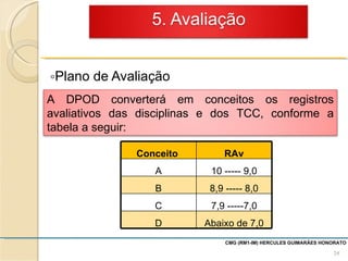 Plano de Avaliação CMG (RM1-IM) HERCULES GUIMARÃES HONORATO  Conceito  RAv A 10 ----- 9,0 B 8,9 ----- 8,0 C 7,9 -----7,0 D Abaixo de 7,0 A DPOD converterá em conceitos os registros avaliativos das disciplinas e dos TCC, conforme a tabela a seguir: 