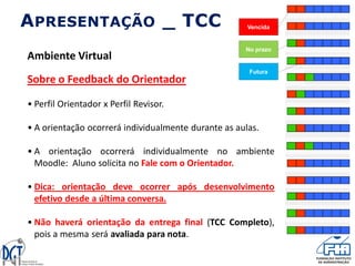Sobre o Feedback do Orientador
• Perfil Orientador x Perfil Revisor.
• A orientação ocorrerá individualmente durante as aulas.
• A orientação ocorrerá individualmente no ambiente
Moodle: Aluno solicita no Fale com o Orientador.
• Dica: orientação deve ocorrer após desenvolvimento
efetivo desde a última conversa.
• Não haverá orientação da entrega final (TCC Completo),
pois a mesma será avaliada para nota.
Vencida
No prazo
Futura
APRESENTAÇÃO _ TCC
Ambiente Virtual
 