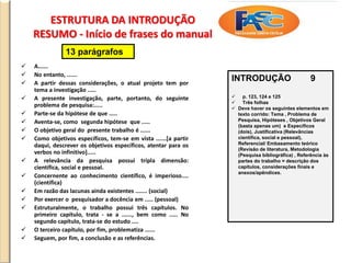 ESTRUTURA DA INTRODUÇÃO
RESUMO - Início de frases do manual
 A......
 No entanto, ......
 A partir dessas considerações, o atual projeto tem por
tema a investigação .....
 A presente investigação, parte, portanto, do seguinte
problema de pesquisa:.....
 Parte-se da hipótese de que .....
 Aventa-se, como segunda hipótese que .....
 O objetivo geral do presente trabalho é ......
 Como objetivos específicos, tem-se em vista ......[a partir
daqui, descrever os objetivos específicos, atentar para os
verbos no infinitivo].....
 A relevância da pesquisa possui tripla dimensão:
científica, social e pessoal.
 Concernente ao conhecimento científico, é imperioso....
(científica)
 Em razão das lacunas ainda existentes ....... (social)
 Por exercer o pesquisador a docência em ..... (pessoal)
 Estruturalmente, o trabalho possui três capítulos. No
primeiro capítulo, trata - se a ......, bem como ..... No
segundo capítulo, trata-se do estudo ....
 O terceiro capítulo, por fim, problematiza ......
 Seguem, por fim, a conclusão e as referências.
INTRODUÇÃO 9
 p. 123, 124 e 125
 Três folhas
 Deve haver os seguintes elementos em
texto corrido: Tema , Problema de
Pesquisa, Hipóteses , Objetivos Geral
(basta apenas um) e Específicos
(dois), Justificativa (Relevâncias
científica, social e pessoal),
Referencial/ Embasamento teórico
(Revisão de literatura, Metodologia
(Pesquisa bibliográfica) , Referência às
partes do trabalho = descrição dos
capítulos, considerações finais e
anexos/apêndices.
13 parágrafos
 