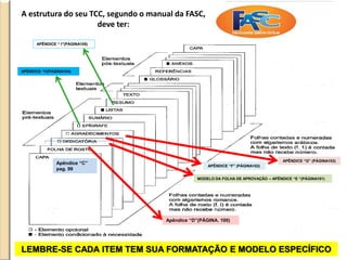 A estrutura do seu TCC, segundo o manual da FASC,
deve ter:
LEMBRE-SE CADA ITEM TEM SUA FORMATAÇÃO E MODELO ESPECÍFICO
Apêndice “C”
pag. 99
Apêndice “D”(PÁGINA. 100)
MODELO DA FOLHA DE APROVAÇÃO – APÊNDICE “E “(PÁGINA101)
APÊNDICE “F” (PÁGINA102)
APÊNDICE “G” (PÁGINA103)
APÊNDICE “H(PÁGINA104)
APÊNDICE “ I”(PÁGINA105)
 