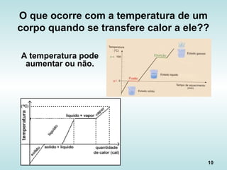 10
O que ocorre com a temperatura de um
corpo quando se transfere calor a ele??
A temperatura pode
aumentar ou não.
 