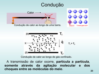 23
Condução
A transmissão de calor ocorre, partícula a partícula,
somente através da agitação molecular e dos
choques entre as moléculas do meio.
Calor
Condução de calor ao longo de uma barra.
Condução de calor ao longo de gás confinado.
T1 > T2
 