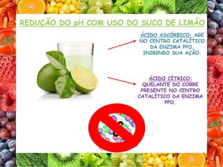 REDUÇÃO DO pH COM USO DO SUCO DE LIMÃO
ÁCIDO ASCÓRBICO: AGE
NO CENTRO CATALÍTICO
DA ENZIMA PPO,
INIBINDO SUA AÇÃO.
ÁCIDO CÍTRICO:
QUELANTE DO COBRE
PRESENTE NO CENTRO
CATALÍTICO DA ENZIMA
PPO.
 