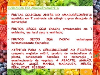 CUIDADOS NO ARMAZENAMENTO
• FRUTAS COLHIDAS ANTES DO AMADURECIMENTO:
mantidas em T ambiente até atingir o grau desejado de
maturação;
• FRUTOS SECOS COM CASCA: armazenados em T
ambiente, em local seco e ventilado;
• FRUTOS SECOS SEM CASCA: embalagens
hermeticamente fechadas;
• ATENTAR PARA A SENSIBILIDADE AO ETILENO:
composto orgânico volátil, produto do metabolismo da
planta, considerado hormônio de maturação e
envelhecimento de vegetais  ABACATE, MAMÃO,
BANANA, MAÇÃ, MANGA, MARACUJÁ, MELÃO,
PÊRA, KIWI, PÊSSEGO.
 