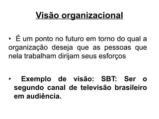 Visão organizacional

• É um ponto no futuro em torno do qual a
organização deseja que as pessoas que
nela trabalham dirijam seus esforços


•     Exemplo de visão: SBT: Ser o
    segundo canal de televisão brasileiro
    em audiência.
 
