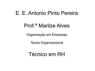 E. E. Antonio Pinto Pereira

   Prof.ª Marilze Alves
    Organização em Empresas

      Teoria Organizacional


     Técnico em RH
 