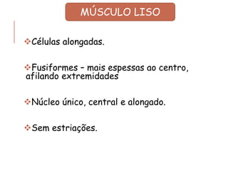 ❖Células alongadas.
❖Fusiformes – mais espessas ao centro,
afilando extremidades
❖Núcleo único, central e alongado.
❖Sem estriações.
MÚSCULO LISO
 