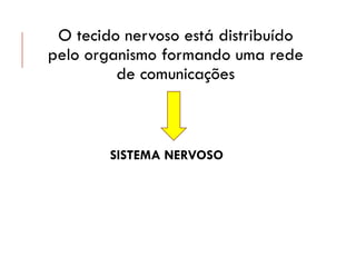 O tecido nervoso está distribuído
pelo organismo formando uma rede
de comunicações
SISTEMA NERVOSO
 