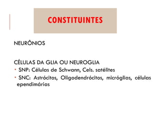 CONSTITUINTES
NEURÔNIOS
CÉLULAS DA GLIA OU NEUROGLIA
 SNP: Células de Schwann, Cels. satélites
 SNC: Astrócitos, Oligodendrócitos, micróglias, células
ependimárias
 
