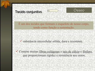 Tecido conjuntivo Ósseo Contém muitas  fibras colágenas  e  sais de cálcio  e  fósforo , que proporcionam rigidez e resistência aos ossos. É um dos tecidos que formam o esqueleto de nosso corpo, tendo como função a sustentação. substância intercelular sólida, dura e resistente. 
