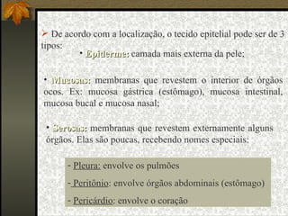 De acordo com a localização, o tecido epitelial pode ser de 3 tipos: Epiderme:  camada mais externa da pele; Mucosas:  membranas que revestem o interior de órgãos ocos. Ex: mucosa gástrica (estômago), mucosa intestinal, mucosa bucal e mucosa nasal; Serosas:  membranas que revestem externamente alguns órgãos. Elas são poucas, recebendo nomes especiais: Pleura:  envolve os pulmões Peritônio : envolve órgãos abdominais (estômago) Pericárdio : envolve o coração 