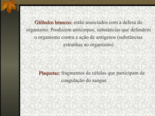 Glóbulos brancos: estão associados com a defesa do
organismo. Produzem anticorpos, substâncias que defendem
    o organismo contra a ação de antígenos (substâncias
                 estranhas ao organismo)




     Plaquetas: fragmentos de células que participam da
                coagulação do sangue
 