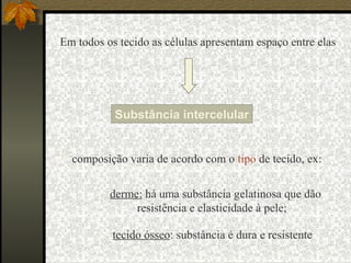  composição varia de acordo com o tipo de tecido, ex:
Em todos os tecido as células apresentam espaço entre elas
Substância intercelular
• derme: há uma substância gelatinosa que dão
resistência e elasticidade à pele;
• tecido ósseo: substância é dura e resistente
 